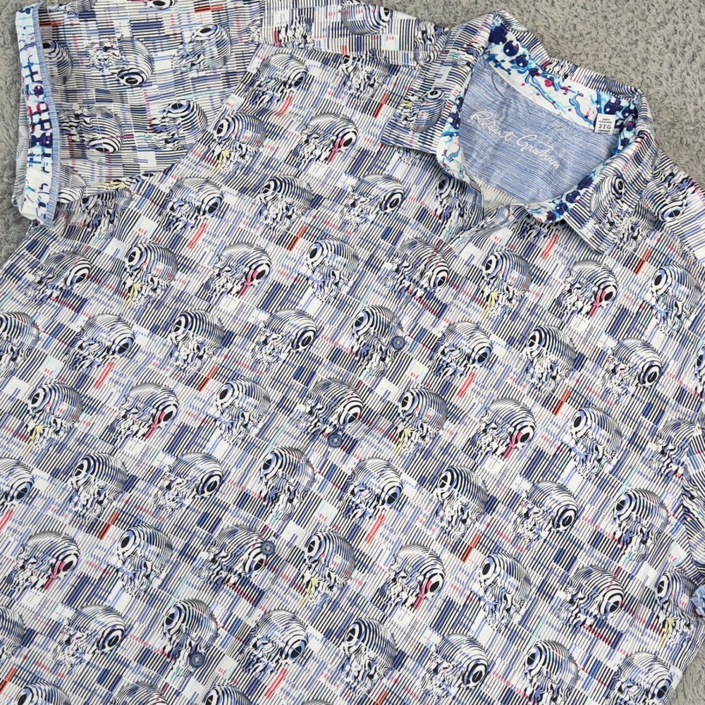 Robert Graham Shirt Mens 2XL Short Sleeve Skull Blue White Geometric Button Down